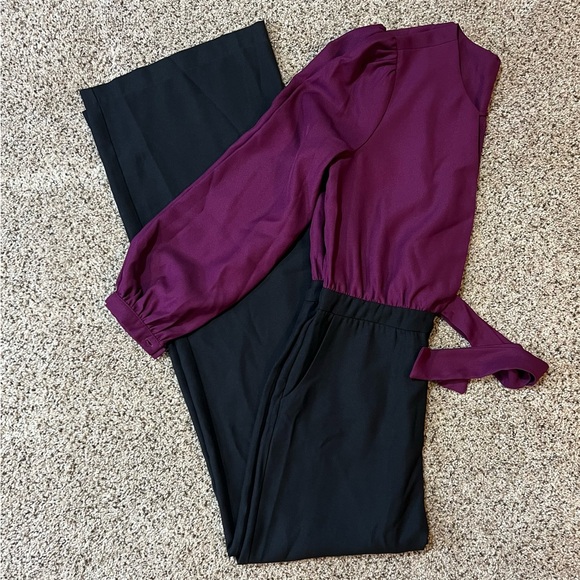 VENUS Plum Deep V Blouse-Top Wide-Leg Jumpsuit - Picture 2 of 5
